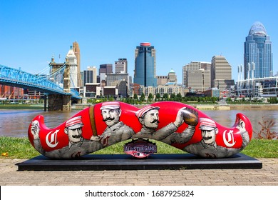 Cincinnati, Ohio / USA - June 24 2015: Close up of decorative red mustache sculpture/bench with old fashioned Red Stockings branding for the 2015 Major League Baseball All-Star Game.