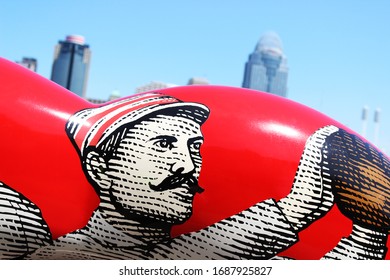 Cincinnati, Ohio / USA - June 24 2015: Close Up Of Decorative Red Mustache Sculpture/bench With Old Fashioned Red Stockings Branding For The 2015 Major League Baseball All-Star Game.