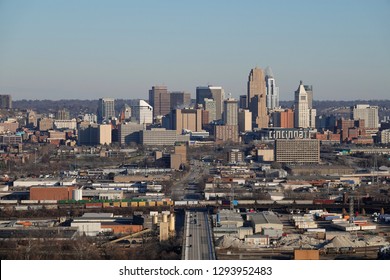 The Cincinnati, Ohio, USA Skyline Is Shown From A Wide, Elevated View On A Winter Afternoon Day.