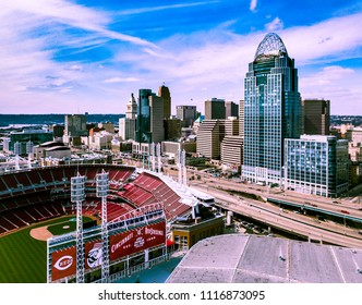 Cincinnati, Ohio/USA - February 2018: Aerial View Of Riverfront, Bridge And Stadium 