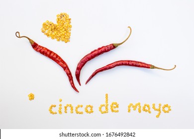 Cinco De Mayo Food Celebration, Dried Mexican Red Chile De Arbol Pepper On White Background, Capsicum Annuum, Three Chili Peppers