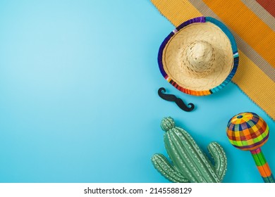 Cinco De Mayo Holiday Background With Mexican Cactus, Maracas And Party Sombrero Hat. Top View, Flat Lay