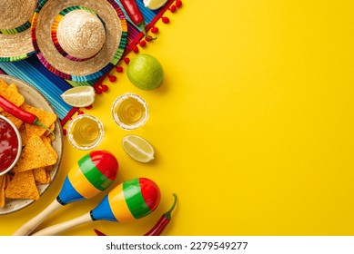 Cinco-de-mayo celebration concept. Top view photo of nacho chips salsa sauce chilli tequila with salt lime sombrero hats colorful serape and maracas on isolated bright yellow background with copyspace