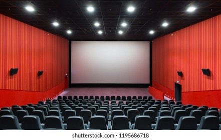 Cinema Auditorium Inside View, Empty Cinema Hall With White Screen, Stage And Seats. Panorama Of Modern Movie Theater Interior. Covid Coronavirus, Festival And Cinema Theme. Moscow - Jul 21, 2014