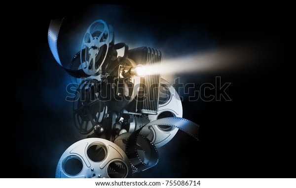 Cinema background with movie\
projector and film reels on a dark background / high contrast\
image