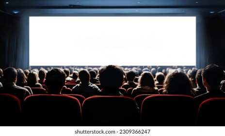 Cinema blank screen and people in red chairs in the cinema hall. Blurred People silhouettes watching movie performance. - Shutterstock ID 2309366247