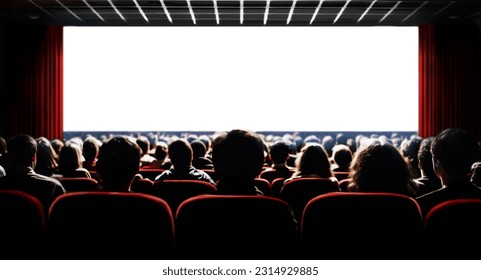 Cinema blank wide screen and people in red chairs in the cinema hall. Blurred People silhouettes watching movie performance. - Shutterstock ID 2314929885
