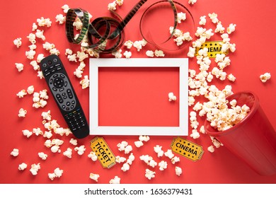 Cinema Elements And White Frame On Red Background 