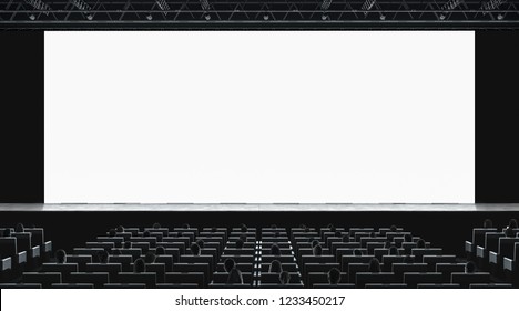 Cinema hall with auditorium watching movie on blank screen mockup. Empty monitor in film theater with viewers mock up. Premiere 3d showtime in theatre presentation template.