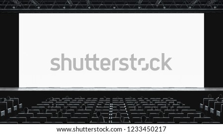 Cinema hall with auditorium watching movie on blank screen mockup. Empty monitor in film theater with viewers mock up. Premiere 3d showtime in theatre presentation template.