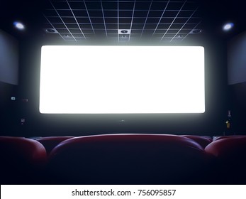 Cinema Interior Of Movie Theatre With Empty Red Seats With Copyspace On The Screen And Glow On Edge, Concept Of Recreation And Entertainment