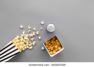 Cinema Snacks. Popcorn In Paper Bag And Soft Drink On Grey Background Top View Copy Space