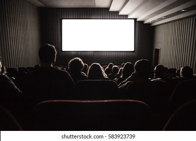 Cinema White Screen With Seats And People Silhouettes