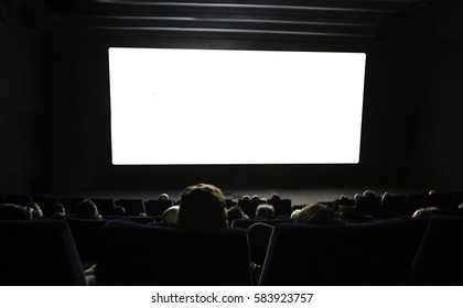 Cinema White Screen With Seats And People Silhouettes