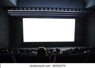 Cinema White Screen With Seats And People Silhouettes