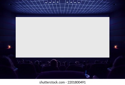 Cinema. White cinema screen with silhouettes of spectators in the hall. - Shutterstock ID 2201800491
