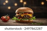 Cinematic 4K Burger Feast. High-Quality Burger Imagery. Rustic Gourmet Burger Scene. Burger Platter Cinematic Image. 