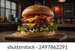 Cinematic 4K Burger Feast. High-Quality Burger Imagery. Rustic Gourmet Burger Scene. Burger Platter Cinematic Image. 