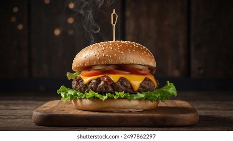 Cinematic 4K Burger Feast. High-Quality Burger Imagery. Rustic Gourmet Burger Scene. Burger Platter Cinematic Image.  - Powered by Shutterstock