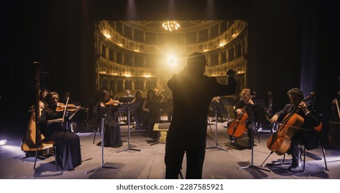 Cinematic Back View of Professional Conductor Directing Symphony Orchestra with Performers Playing Violins, Cello and Trumpet on Classic Theatre with Curtain Stage During Music Concert