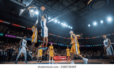 Cinematic Basketball Action on Streaming Service: White Team Scores a Beautiful Goal. After A Teammate Reflects the Ball from a Shield, Another Player Performs a Fast Powerful Rebound Slam Dunk.