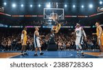 Cinematic Basketball Shot With a Talented Multiethnic Athlete Scoring a Beautiful Slam Dunk Goal. Player Celebrates by Hanging on the Hoop in Front of a Huge Crowd of Sports Fans Cheering.