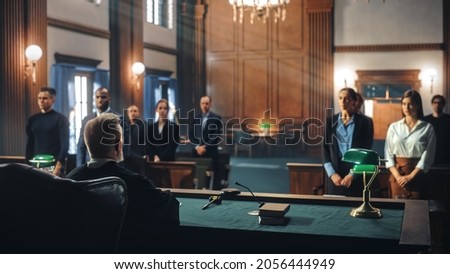 Cinematic Court of Law and Justice Trial: Male Judge Ruling Out a Decision in a Civil Family Case, Striking Gavel to Close Hearing. Convicted Male Defendant is Heartbroken, Lawyer Provides Support.