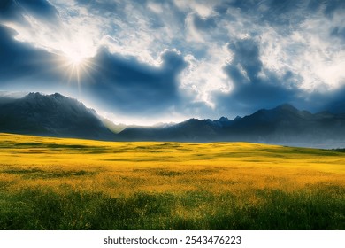 Cinematic dreamlike and surreal image of yellow and orange wildflower covered meadows with suns streaks in cloudy blue sky, created with Generative AI technology