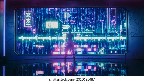 Cinematic Footage with a Stylish Cosplay Model with Blue Hair Looking Out of the Window in a Futuristic Cybernetic Space City with Neon Lights. Young Female in a Cyberpunk Augmented Reality