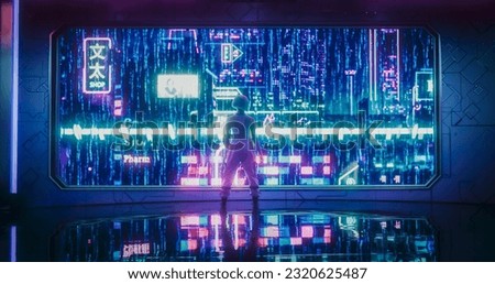 Cinematic Footage with a Stylish Cosplay Model with Blue Hair Looking Out of the Window in a Futuristic Cybernetic Space City with Neon Lights. Young Female in a Cyberpunk Augmented Reality