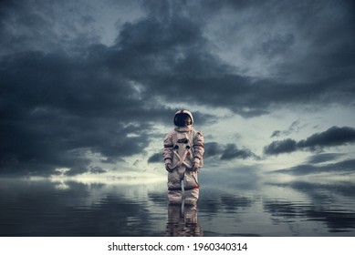 Cinematic image of an astronaut in the ocean. Abstract concept about space exploration and sci-fi fiction