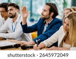 Cinematic image of a conference meeting. Business people sitting in a room listening to the motivator coach. Representation of a Self growth and improvement special event