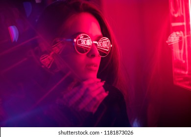 Cinematic Night Portrait Of Girl And Neon Lights