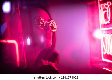 Cinematic Night Portrait Of Girl And Neon Lights