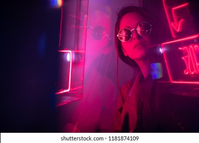 Cinematic Night Portrait Of Girl And Neon Lights