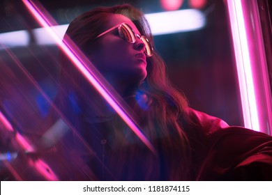 Cinematic Night Portrait Of Girl And Neon Lights