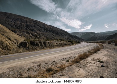 Cinematic Road Landscape. Humahuaca Valley, Altiplano, Argentina. Misty Road.