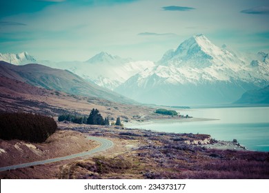 Cinematic Road To Mount Cook , New Zealand. 