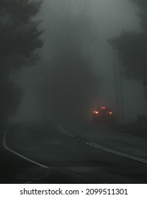 A Cinematic Scene With Car Driving On The Foggy Road. 