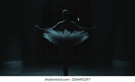 Cinematic shot of beautiful ballerina in ballet dress dancing in front of window in dark theater lobby at night. Female ballet dancer rehearses and makes graceful movements. Ballet art. Black swan.