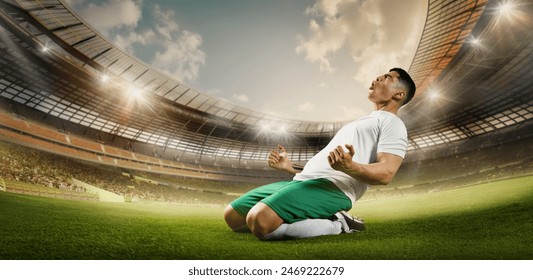 Cinematic shot captures victory. Professional football player on sport football arena celebrating goal at 3D model sport stadium arena. Concept of professional sport, championship, tournament. Ad