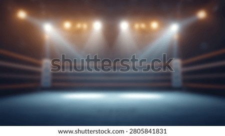 A cinematic view of a boxing ring interior with dramatic lighting and smoke effects in a dark stadium setting.