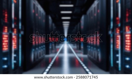 Cinematic view of a dimly lit data center corridor with dark gray server racks and blinking red-blue lights. Blurred image, great for cybersecurity and tech visuals.