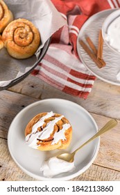 Cinnamon Buns With Chocolate Chips Baked In A Cast Iron Pan Overhead Shot