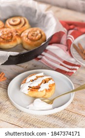 Cinnamon Buns With Chocolate Chips Baked In A Cast Iron Pan Overhead Shot