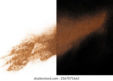 Cinnamon powder scattered isolated on white and black, texture	