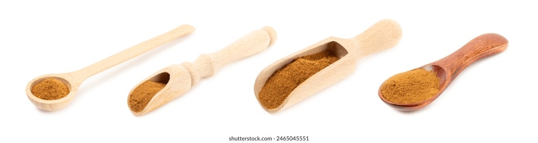 Cinnamon powder in a wooden spoon  isolated on white background. Spicy spice for baking, desserts and drinks. Fragrant ground cinnamon. - Powered by Shutterstock