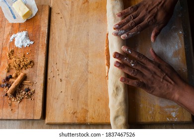 Cinnamon Rolls, Iced With Cream Cheese Frosting. Classic American Breakfast Pastry Favorite. Action Shots On How To Make Cinnamon Rolls.