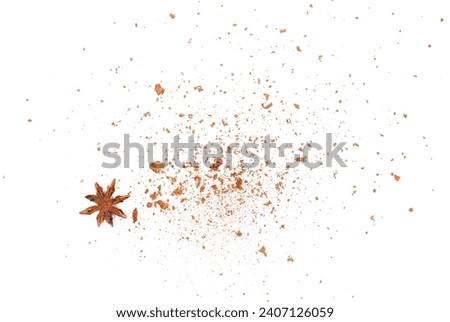 Cinnamon scraped and star anise, scattered isolated on white