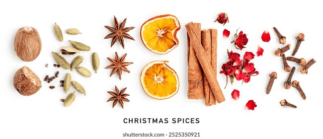 Cinnamon, star anise, cloves, nutmeg, cardamon, red roses and dried orange slice collection isolated on a white background.Traditional christmas spices. Flat lay, top view. Design element
 - Powered by Shutterstock